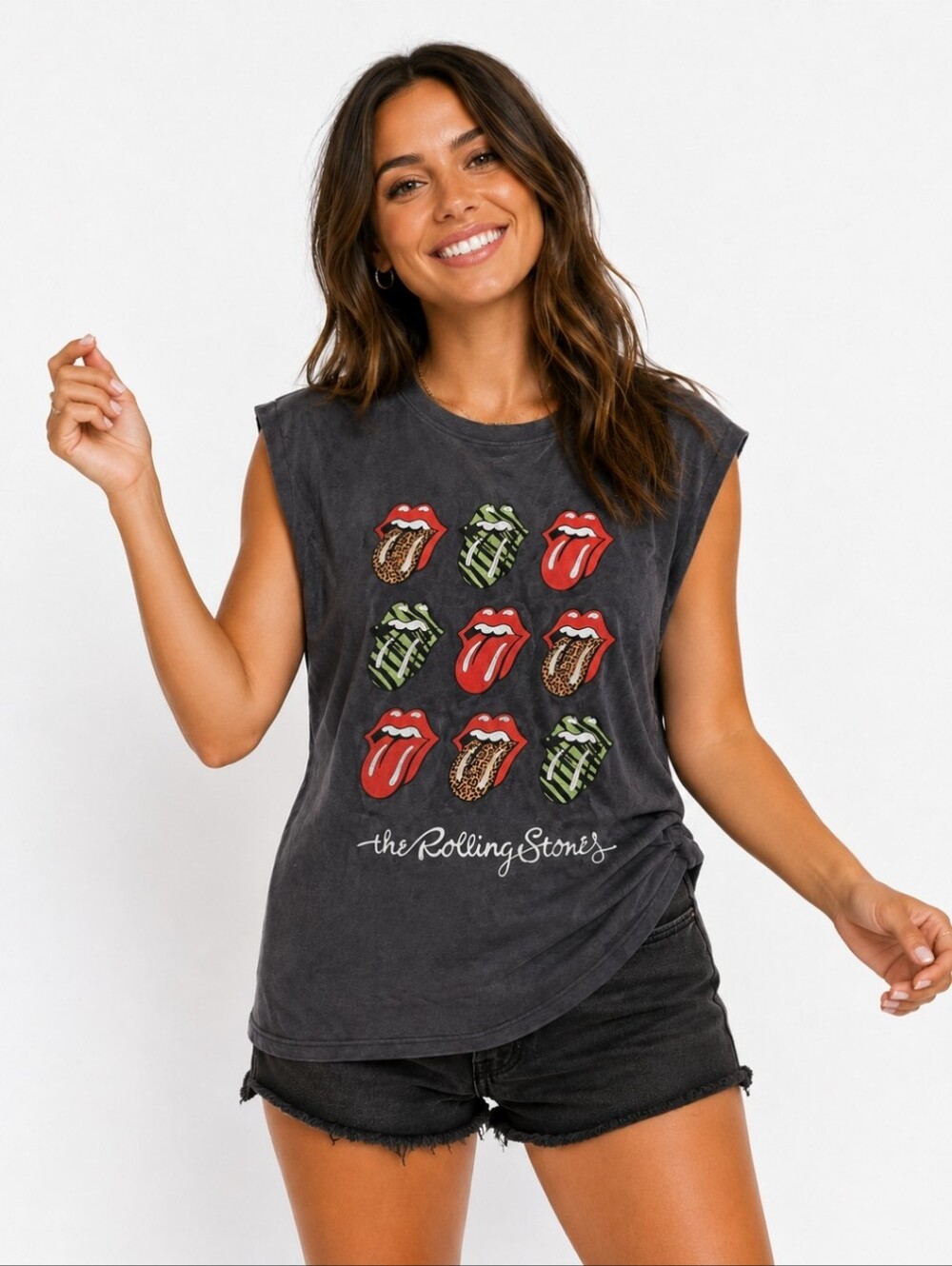 The Rolling Stones Graphic Tee - Slate Gray with Red & Green Tongues, Size S/M